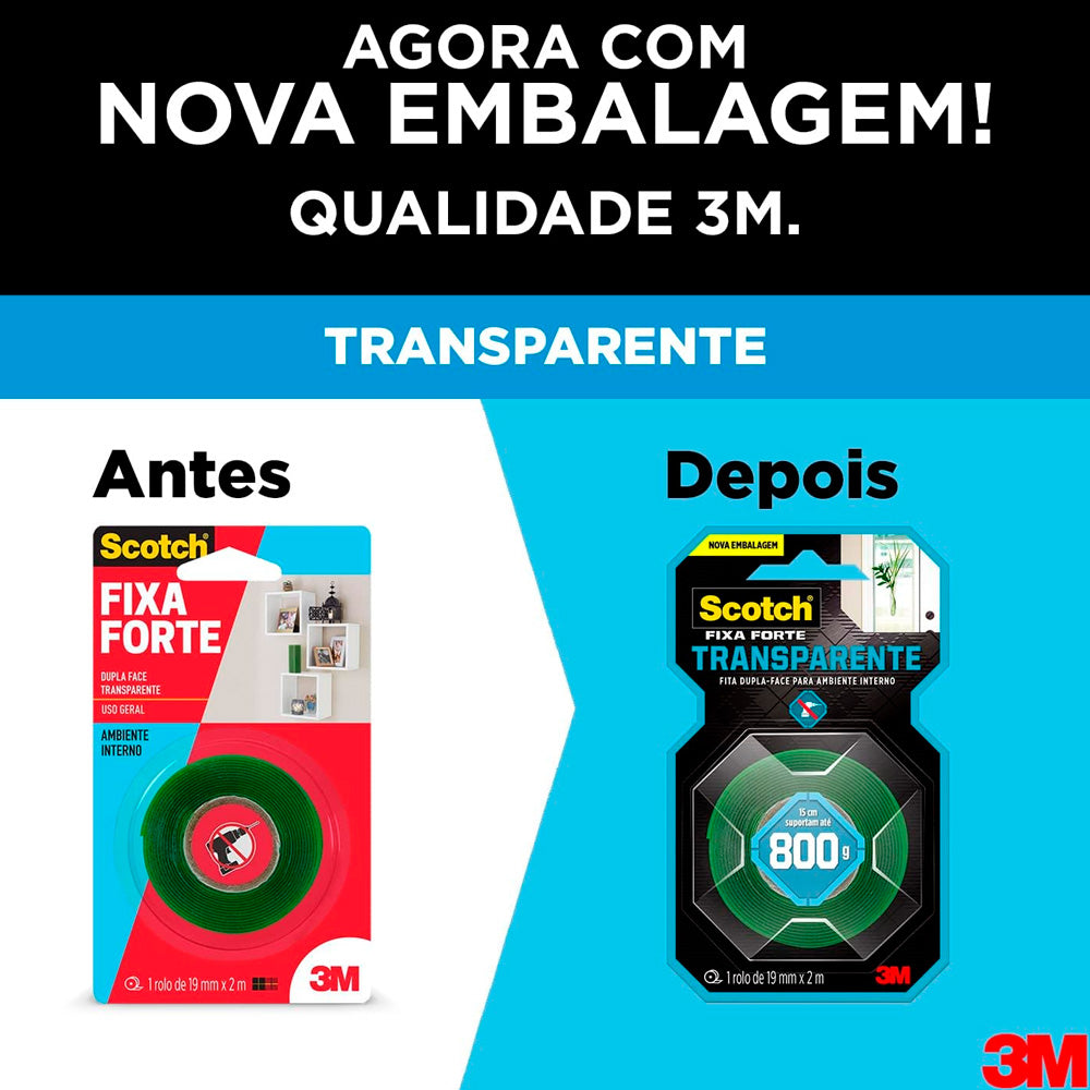 Fita Dupla Face 3M Scotch Fixa Forte Transparente, 19mm x 2m, Suporta até 800g, Substitui Pregos e Parafusos