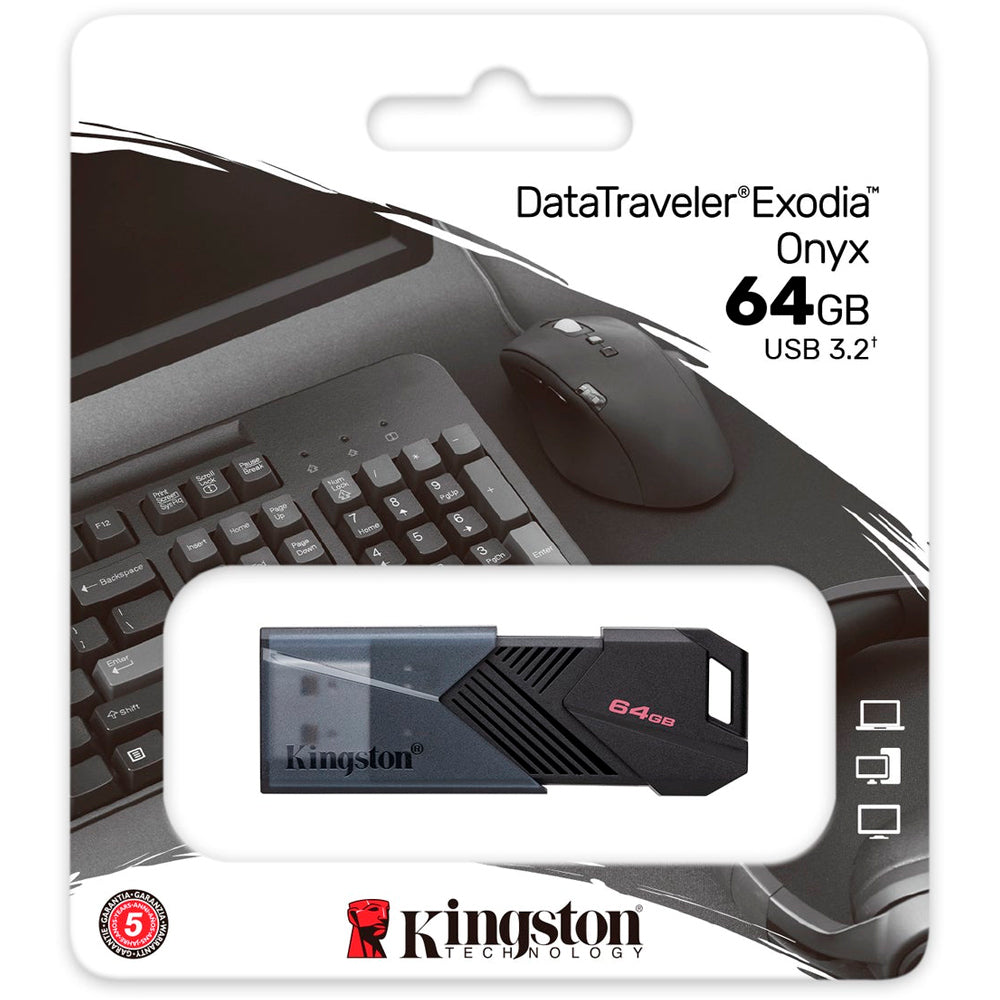 Pen Drive Kingston DataTraveler Exodia Onyx 64GB USB 3.2 Gen1, Preto Fosco, Tampa Deslizante - DTXON/64GB