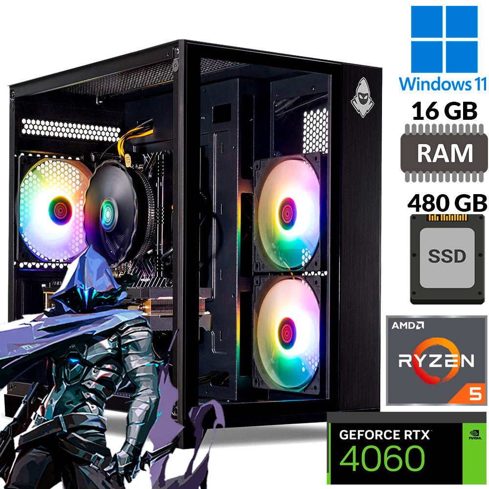 Computador Gamer Aquarius, Ryzen 5 5600XT, SSD 480GB, RAM 16GB, Placa de Vídeo 8GB RTX 4060, Fonte 600W 80 Plus Bronze