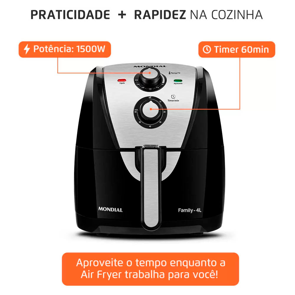 Fritadeira Air Fryer Elétrica Sem Óleo Mondial , Family AFN-40-BI Preto 4L Com Timer