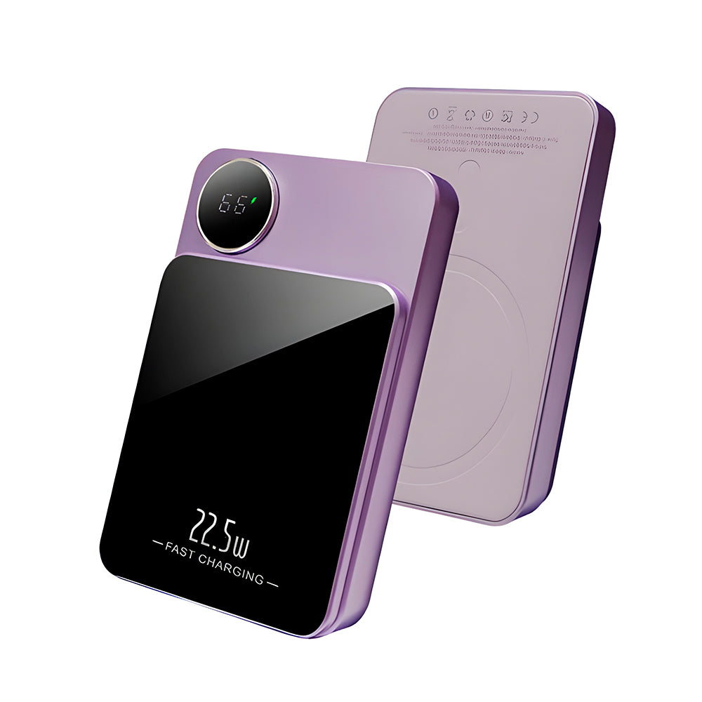 Carregador Portatíl Power Bank Magnetico 10000mAh Com Cabo USB-C, Uma Entrada USB e Uma Entrada USB-C - Roxo