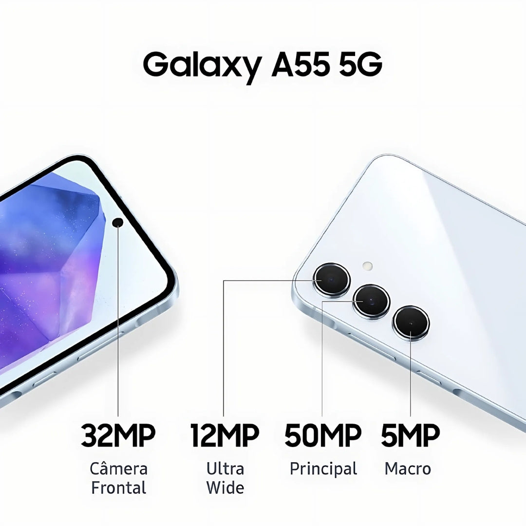 Smartphone Samsung Galaxy A55 5G 128GB Azul Claro, 8GB RAM, Câmera Tripla, Traseira 50MP, Selfie 32MP, Super AMOLED 6.6"