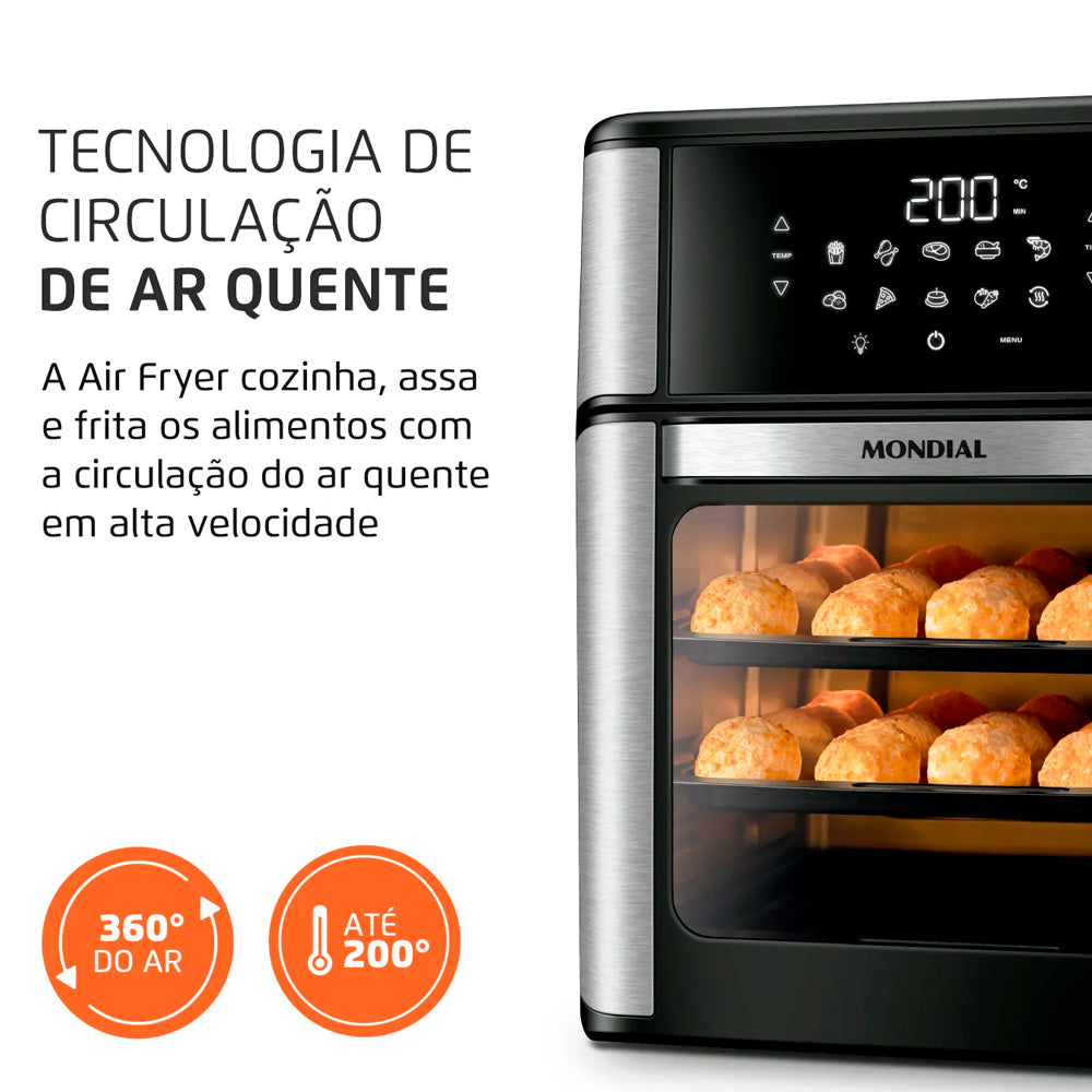 Fritadeira Air Fryer Forno Oven 12 Litros, Mondial, Preto/Inox, 2000W, - AFON-12L-BI, 220V