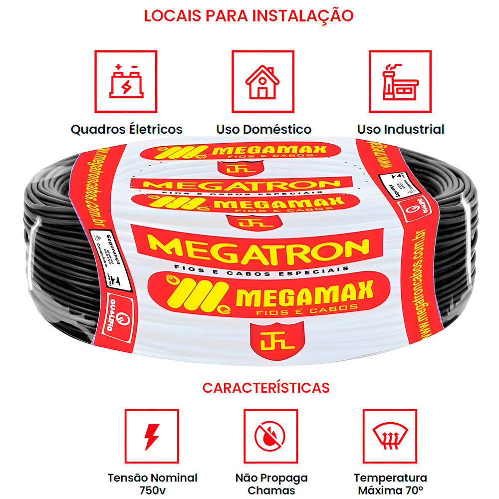 Cabo de Energia Flexível 750 Volts 4,00mm Megatron - 7702 Rolo com 100 Metros - Preto