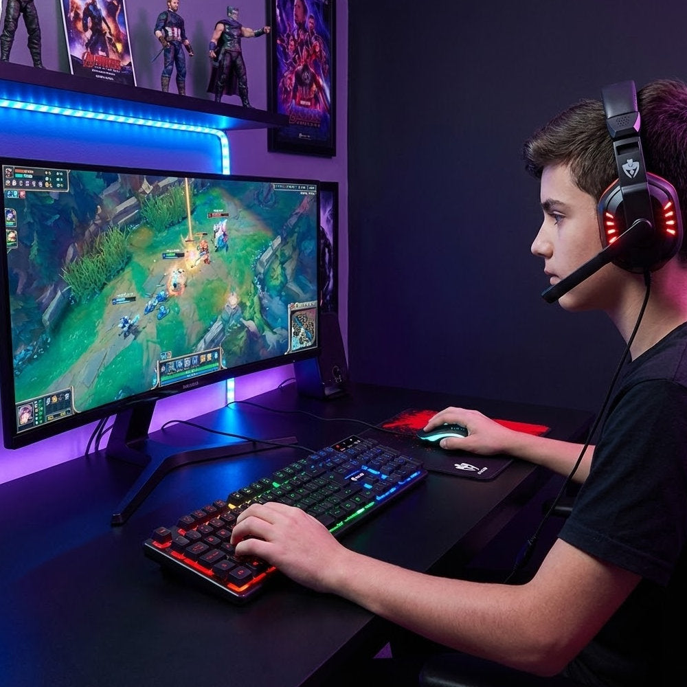 Combo Gamer Evolut EG54 Starter 4 em 1 Teclado ABNT2 Rainbow LED + Mouse 1600DPI + Headset P2 + Mousepad