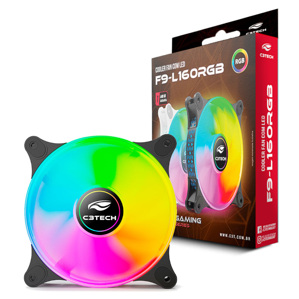 Cooler Fan F9‑L160BKRGB C3Tech RGB 120mm 9 lâminas, 5V, Rolamento Hidráulico, Molex 4‑pinos, 1.200RPM, 30dBA, Preto