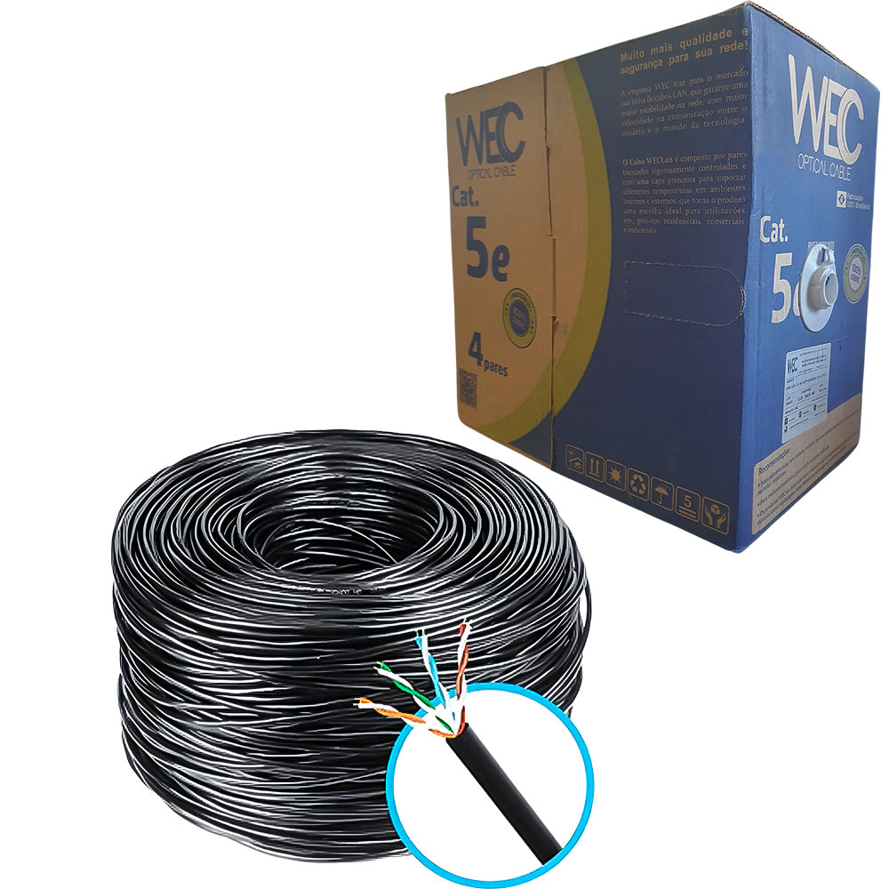 Caixa de Cabo de Rede Cat5E, 305 Metros, Utp 4p 4PX24AWG UTP CMX 100% Cobre WEC Preto