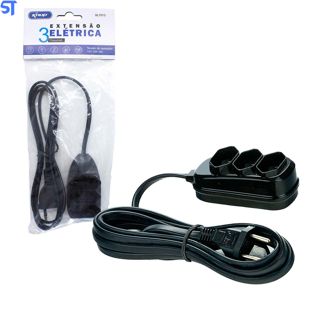 Extensão Elétrica 3 Tomadas 1.5 Metros Knup SL7013 - Preto