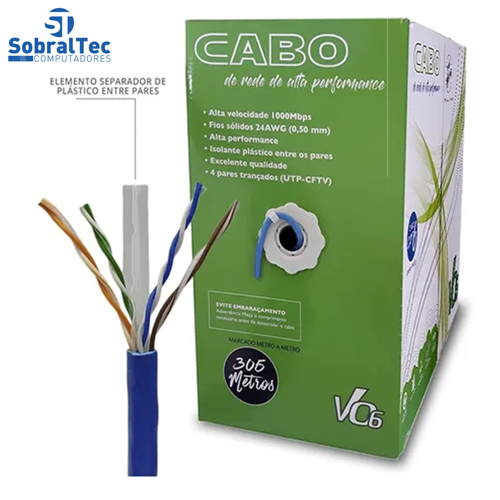 Caixa de Cabo Rede 23AWG Cat.6 4 Pares UTP/CFTV MK2 V06 Tecno 1000Mbps Azul