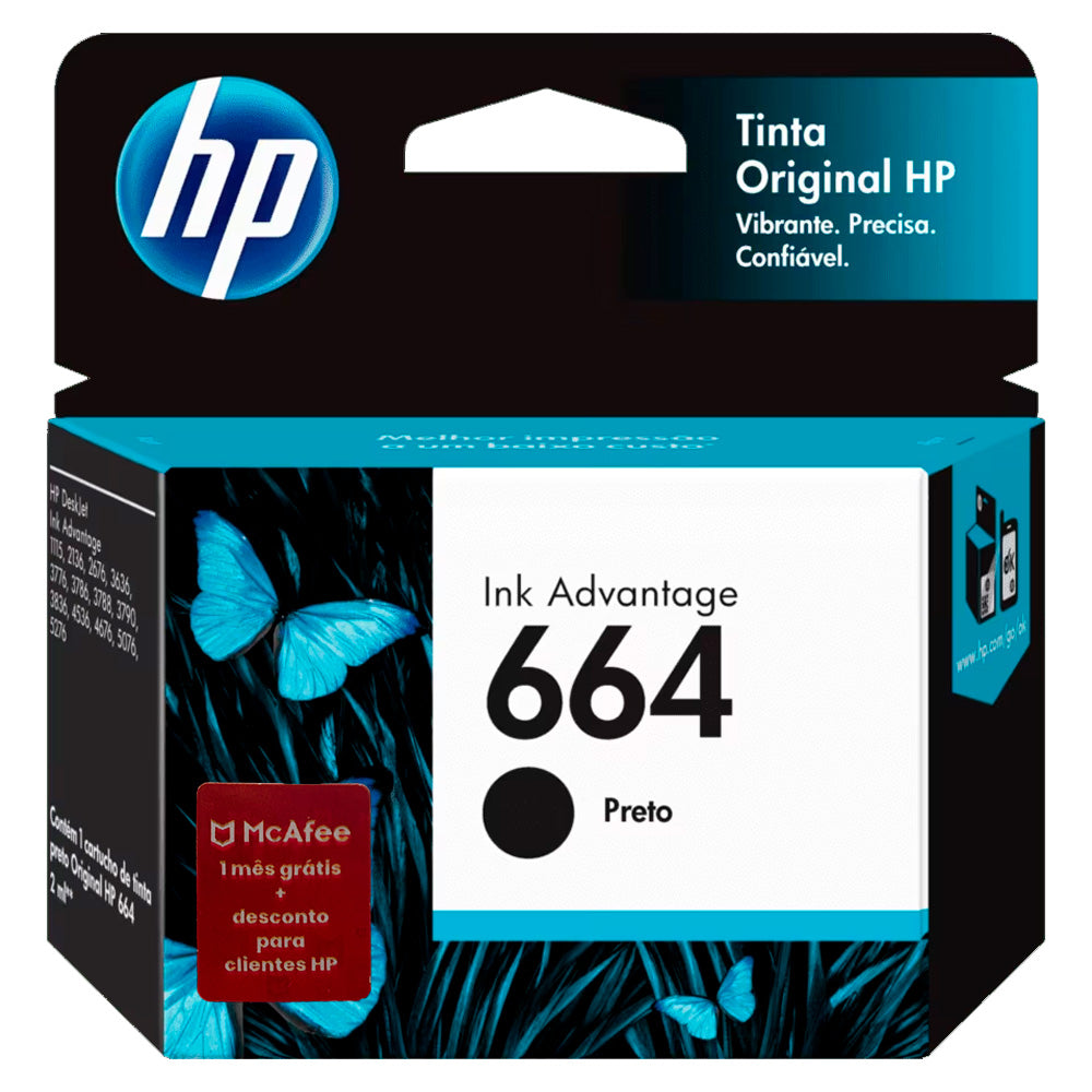 Cartucho de Tinta HP 664, Preto, Original, F6V29AB, Para HP Deskjet 2136 2676 3776 5076 5276