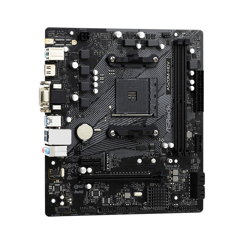 Placa-Mãe ASRock A520M-HDV, Socket AM4, Suporte AMD Ryzen 5000, 2x DDR4, Ultra M.2 (Gen3x4 & SATA3), HDMI SATA III 6Gb/s