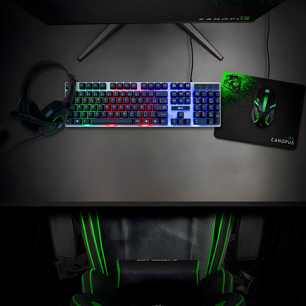 Combo Gamer 4 em 1 Canopus Teclado ABNT 2, Mouse, Headset P3 e Mousepad, LED em 7 Cores, CGCS41, ELG