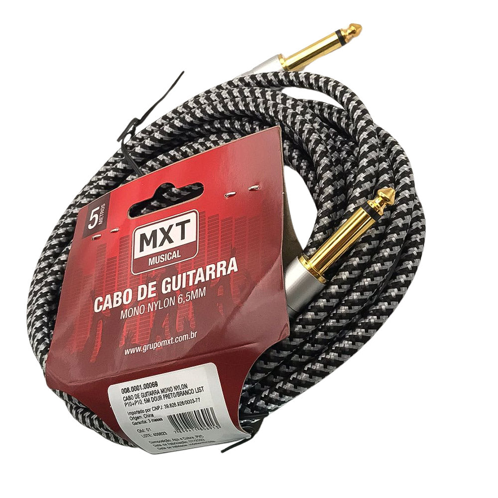Cabo para Guitarra e Violão 5 Metros Blindado P10 x P10 Têxtil Anti-Interferência - Preto