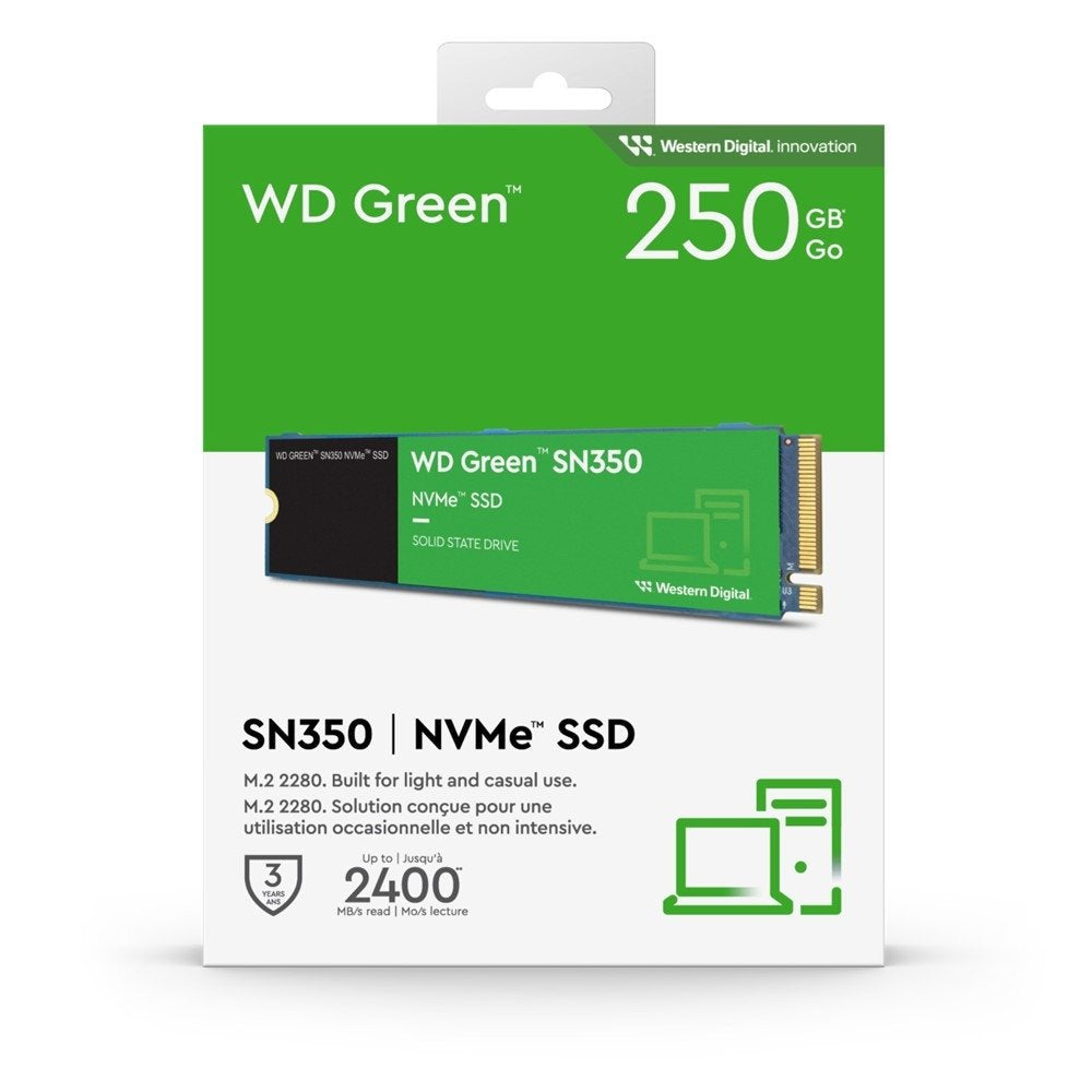 SSD WD Green SN350 250GB M.2 2280 NVMe, Leitura até 2400MB/s, Gravação até 1500MB/s – WDS250G2G0C