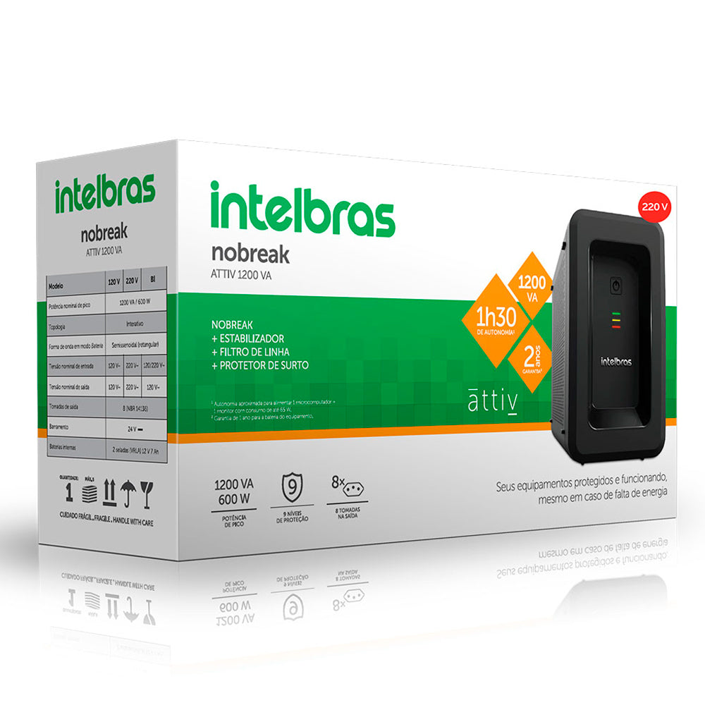 Nobreak Interativo Intelbras ATTIV 1200VA Preto Entrada e Saída 220 Voltes Com 8 Tomadas