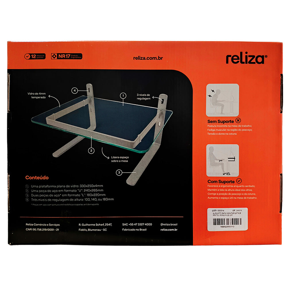 Suporte Para Monitor Ergonômico Ajustável, Office, Conforto e Estabilidade, Preto com Vidro Incolor - Reliza