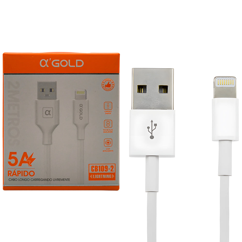 Cabo USB Para Lightning, Carga e Dados, 2 Metros de Comprimento, 5A, Rápido, A'Gold, CB 109-2