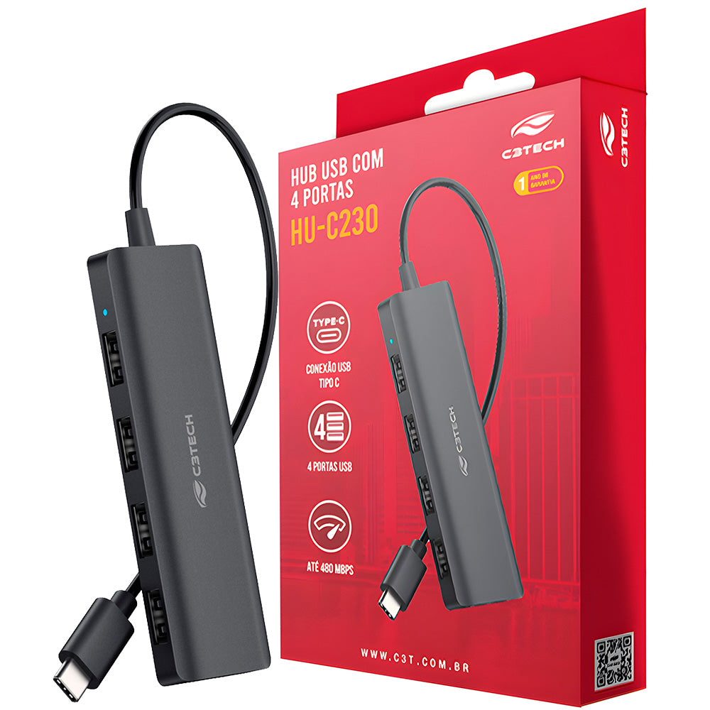HUB USB Tipo-C 2.0 Com 4 Portas USB 2.0 HU-C230BK Plug And Play - C3Tech