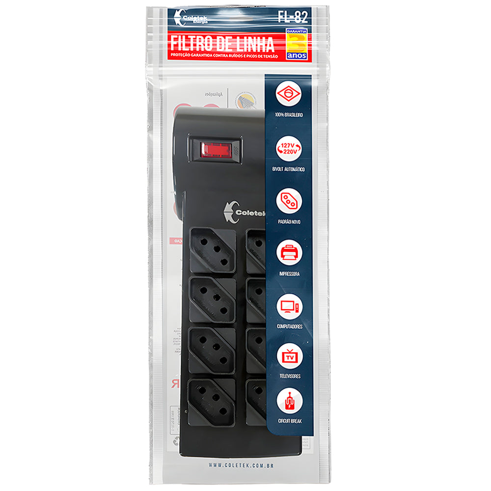 Filtro de Linha Coletek, Com 8 Tomadas, 10Ah, Bivolt, Cabo 1 Metro, FL-82BK