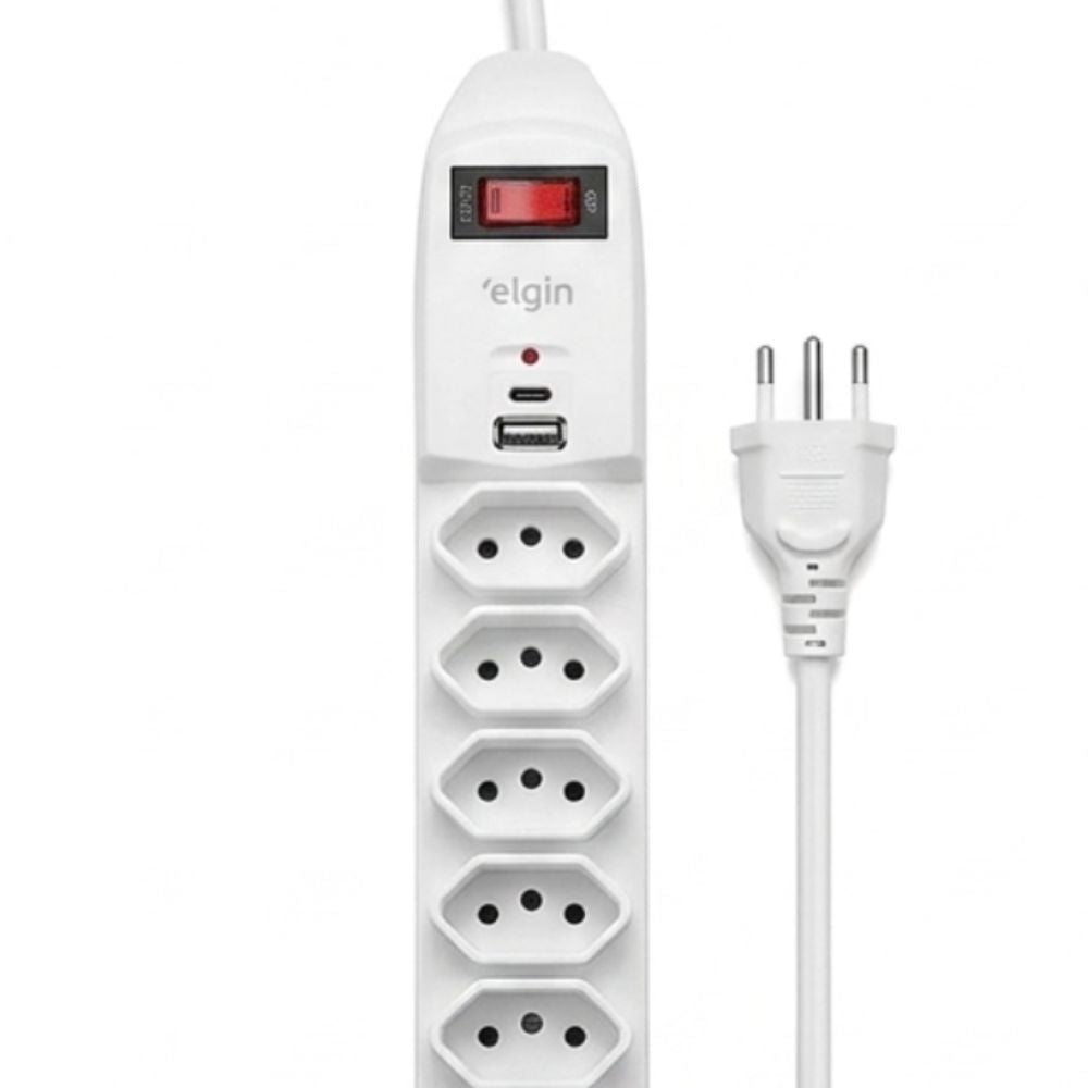 Filtro de Linha Elgin 6 Tomadas + USB-A e USB-C, Cabo 1.5m, 46RFL3060USB, Branco
