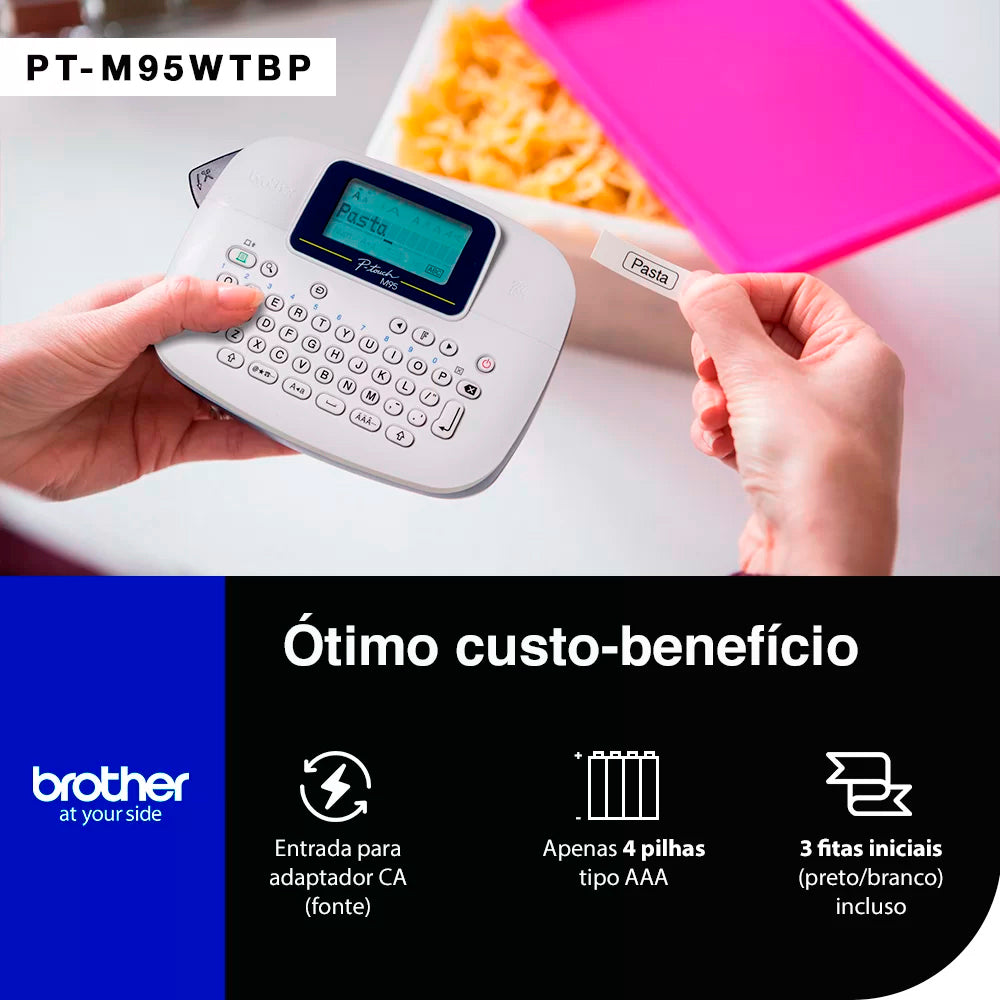 Rotulador Eletrônico Branco Portártil Brother PT M95WTBP Com 3 Fitas M231