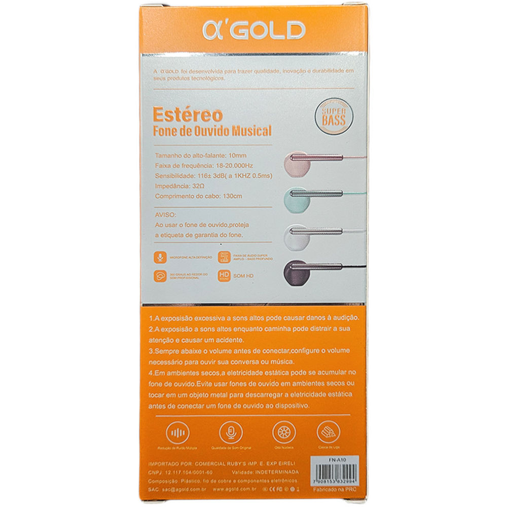 Fone De Ouvido Stereo, Super Bass, com Microfone, Entrada 3.5mm, Fio 1.3 Metros, A'Gold, FN-A10 - Rosa