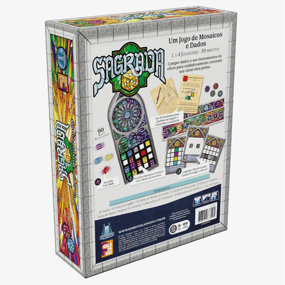 Jogo Tabuleiro Sagrada Galápagos Mosaico Dados 1-4 Jogadores, 90 Dados Coloridos, 4 Molduras, 12 Cartas Padrão