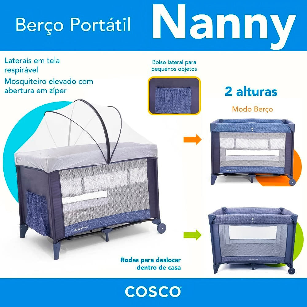 Berço Portátil Cosco Nanny 2 Níveis de Altura - de 0 a 18kg, Azul Rajado