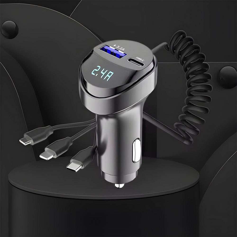 Carregador Veicular 55W Com Uma Entrada USB 3.1A e Uma Entrada USB-C, Com 3 Saídas de Carregamento - KC-08