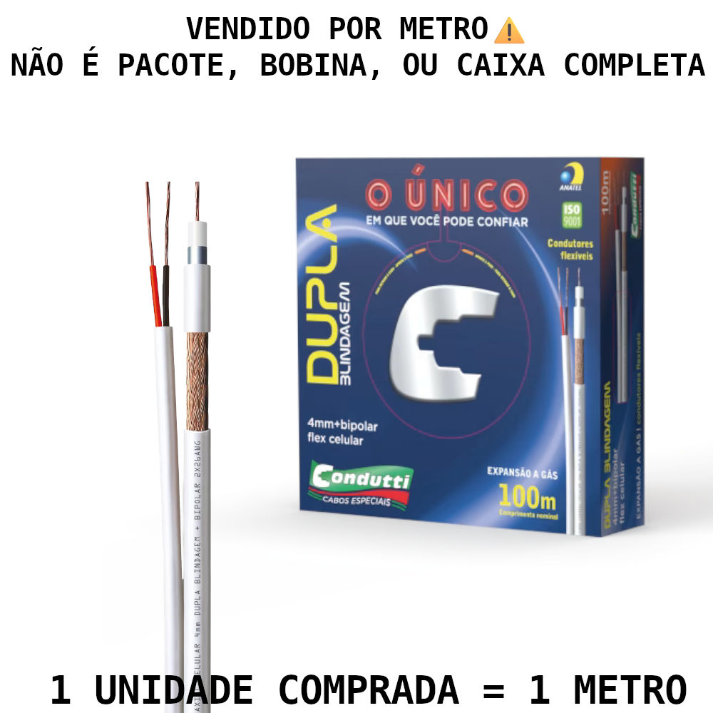 Metro Cabo Coaxial CFTV Condutti 4mm Dupla Blindagem 750 Ohms 2x26AWG Anti-Chama HIB RF4MMCEL Branco (Venda por Metro)