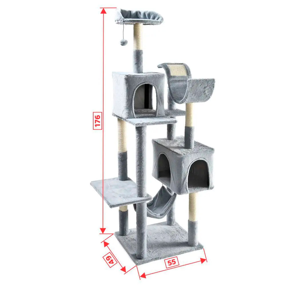 Arranhador De Gato Grande, Luxuoso, Multifuncional Com Casas, Camas, Rede, Poleiros e Brinquedo, Cinza