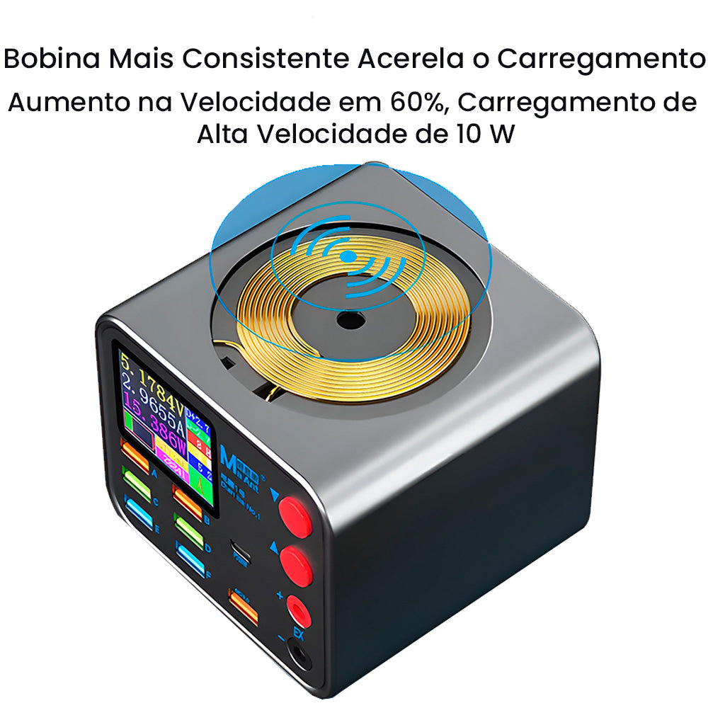 Estação de Carregamento 7 Entradas USB e 1 Entrada USB-C - Suporte a Carga Sem Fio e Medidor De Corrente Tensão - MaAnt