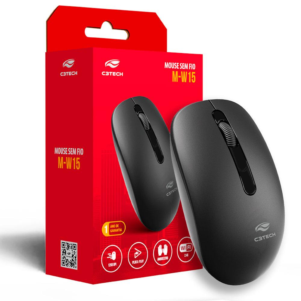 Mouse Sem Fio, 2.4GHz, 1.200 DPI, M-W15BK, C3Tech, Plug And Play, Preto