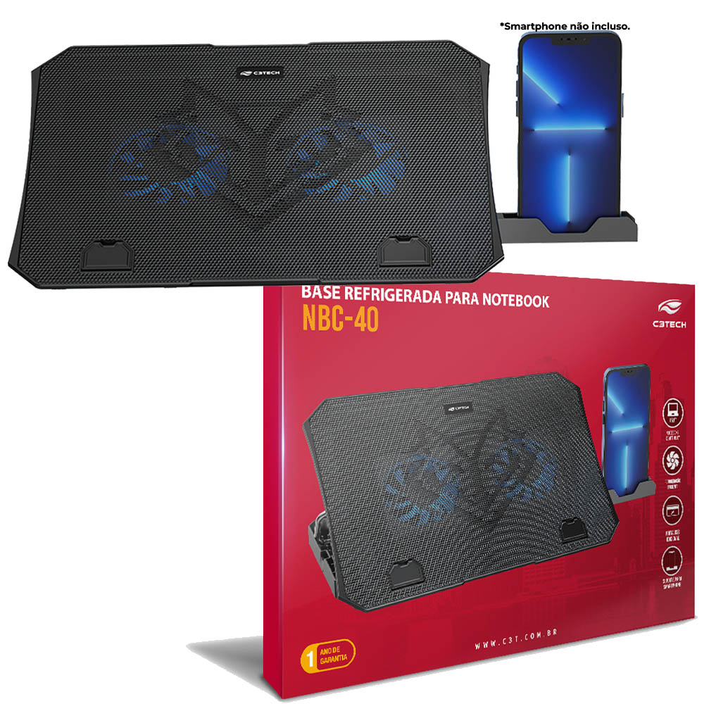 Suporte Base Para Notebook 15,6 Polegadas Gamer NBC-40BK, Com Suporte Para Celular, C3Tech - Preto