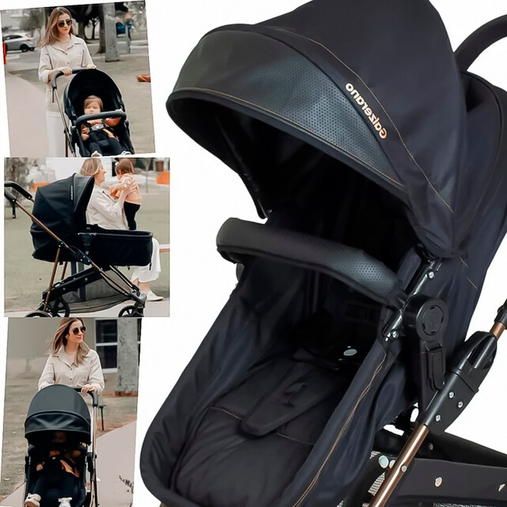 Carrinho de Bebe Infantil, Com Berço de Passeio Moises Reversível e Bebê Conforto Base Auto Napoli Galzerano, Preto