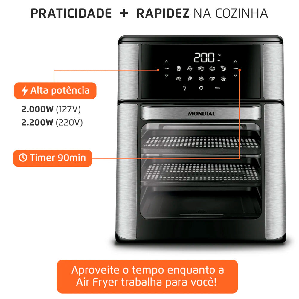 Fritadeira Air Fryer Forno Oven 12 Litros, Mondial, Preto/Inox, 2000W, - AFON-12L-BI, 220V