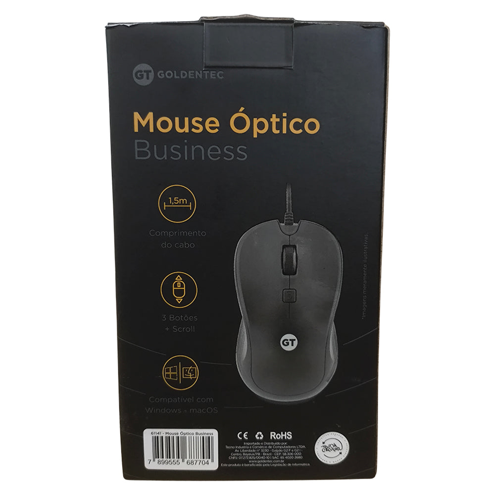 Mouse Óptico Ambidestro, GT Business, 1.200DPI, USB, Cabo 1.50Mt, Emborrachado, Preto