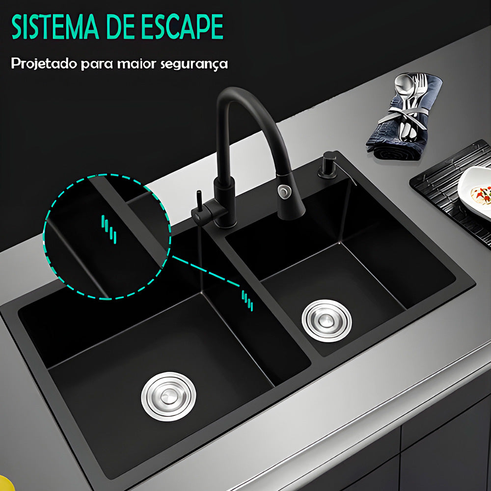 Cuba Pia Dupla Gourmet Preta Cozinha Aço Inox Com Acessórios