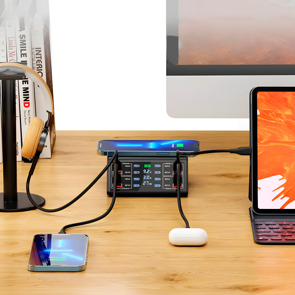 Estação de Carregamento 100W Com 4 Entradas USB e 4 Entradas USB-C - Suporte a Carga Sem Fio - ASOMETCH
