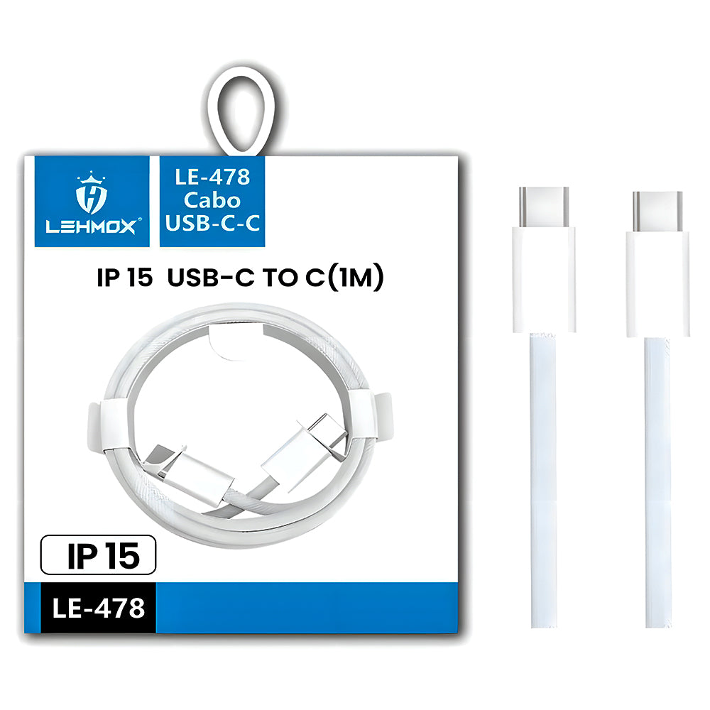 Cabo USB-C Para USB-C, Dados e Carga, 1 Metro de Comprimento, IP 15, Lehmox, LE-478