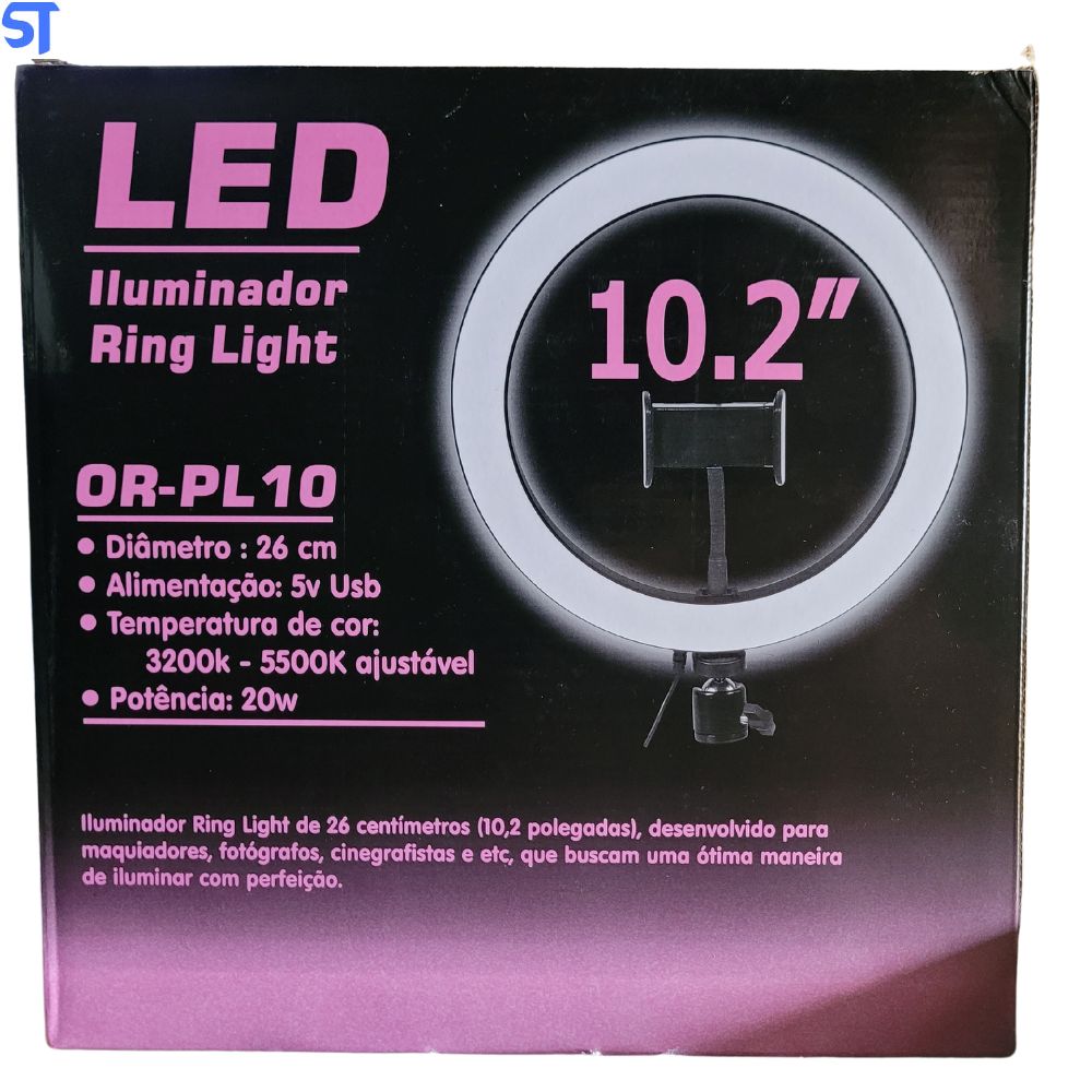 Ring Light 10.2" 3200k á 5500k 26Cm de Diâmetro 5V 20W- OR-PL10