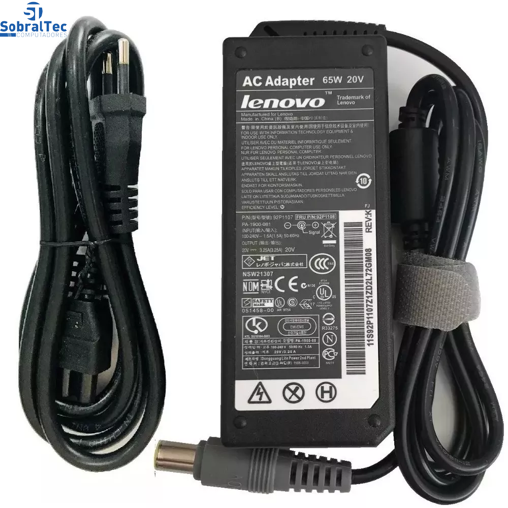 Fonte Notebook Lenovo 20v 3.25a 65w Pino 7.9m x 5.5m Redondo