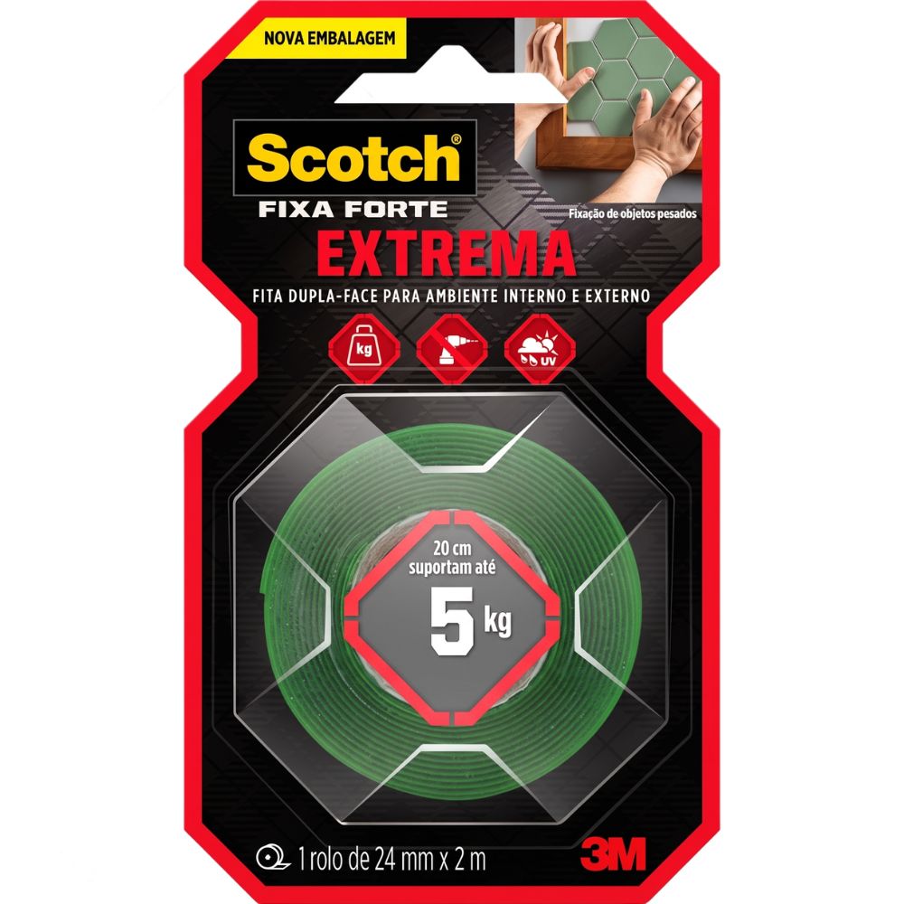 Fita Dupla Face 3M Scotch 3M Fixa Forte Extrema 24 mm x 2 m ( 1 Unidade ) HB004405831, Suporta Até 5 Kilos