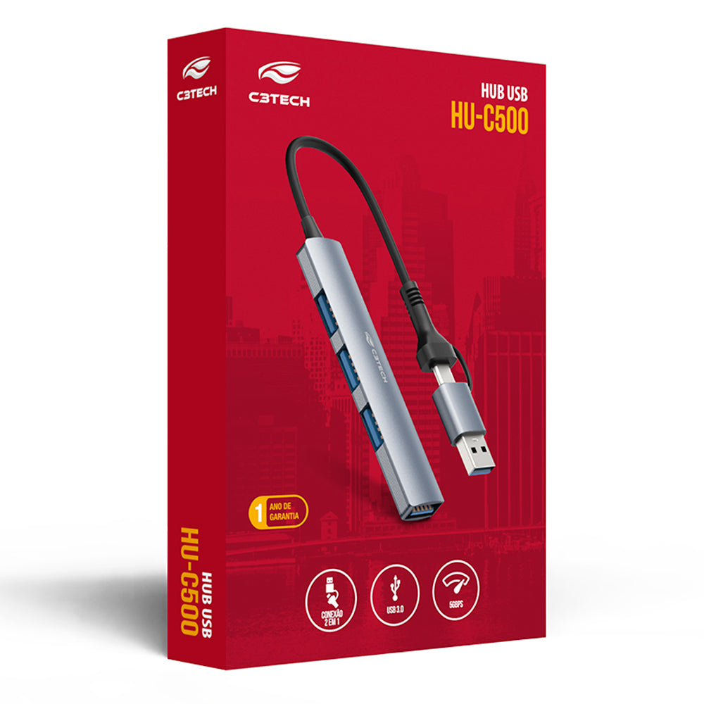 HUB USB 3.0, Com 4 Portas USB, HU-C500GY, C3Tech, Cabo 15cm, Cinza