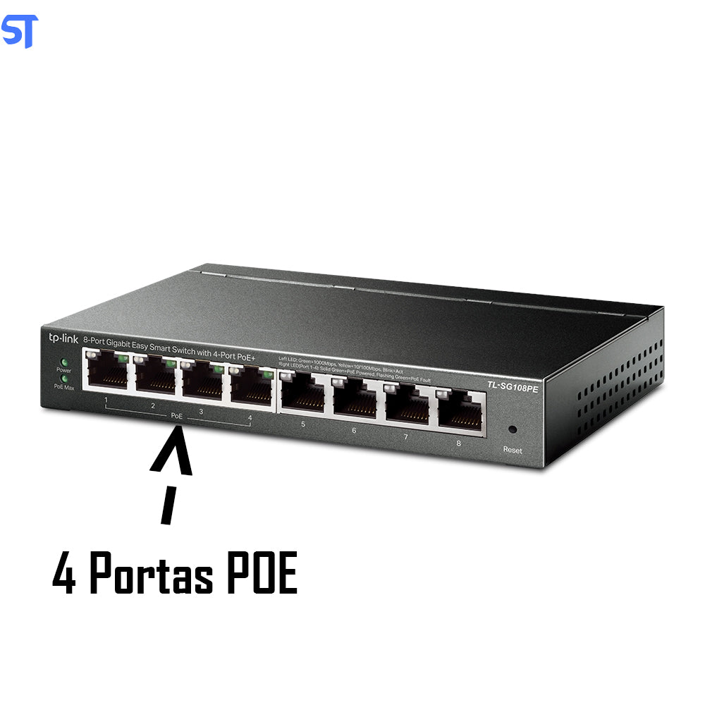 Switch TP-Link TL-SG108PE 8 Portas Gigabit 10/100/1000 Mbps Gerenciável Com 4 Portas POE
