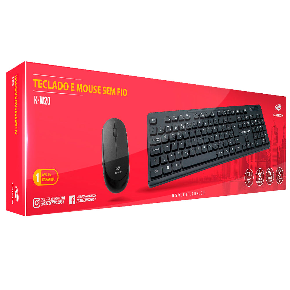 Kit Teclado e Mouse C3tech, Sem Fio, 2.4GHz, Mouse 3 Botões, K-W20BK, Preto