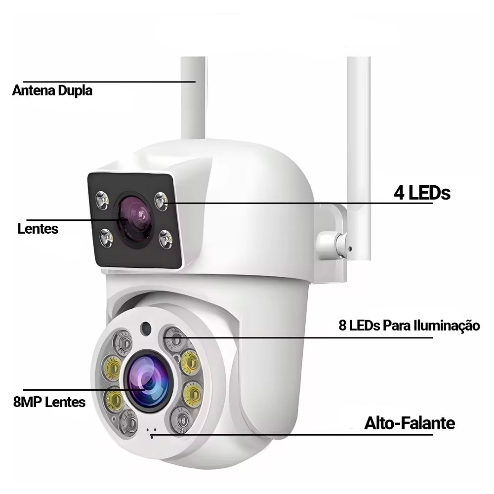 Câmera de Segurança Dupla, Giratória, IP, Wi-Fi, Full HD, 8MP, Tuya, Smart Life, 2.4G, Branca - ZS070