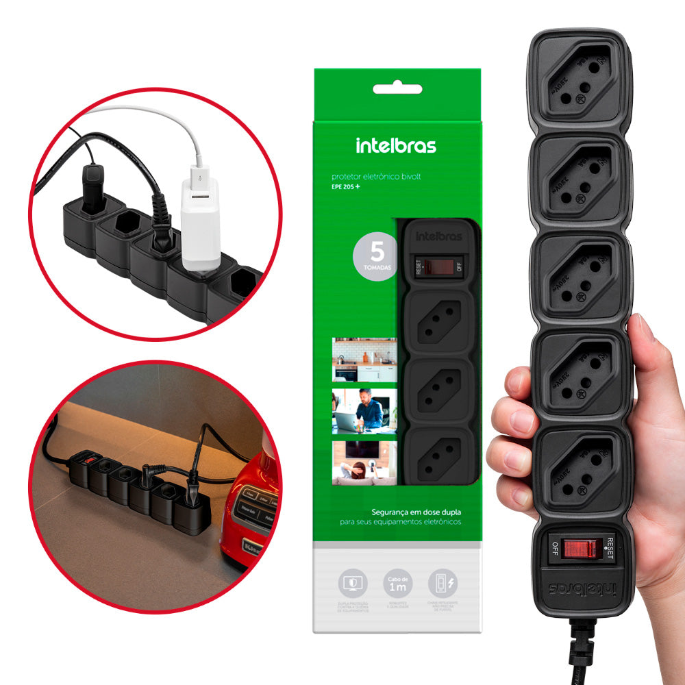 Protetor Filtro de Linha Intelbras EPE 205+, 5 Tomadas, Bivolt, Cabo 3 Metros, Preto