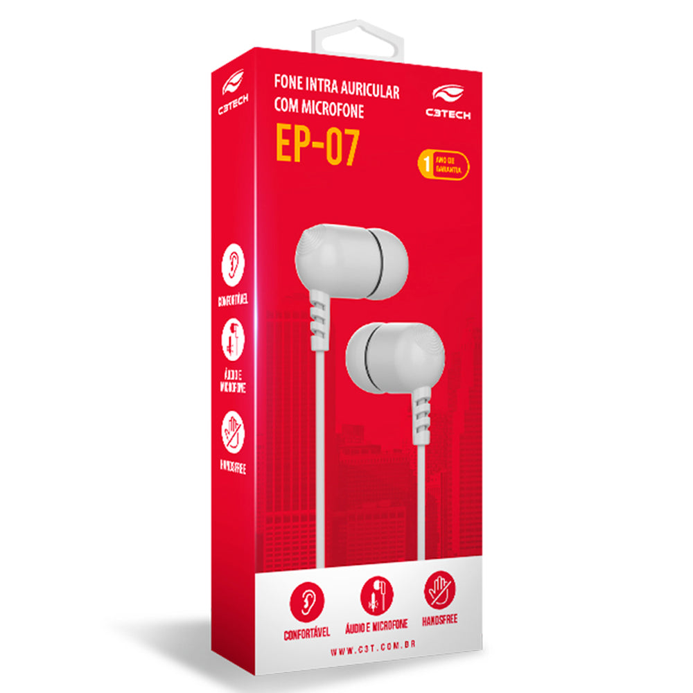 Fone de Ouvido Intra Auricular, Microfone Integrado, EP-07WH, Branco, C3Tech, S/Sn