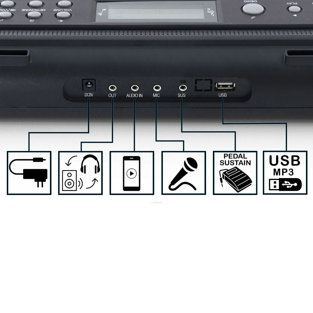 Kit Teclado Musical Kobe KB-300 com 61 Teclas Sensíveis ao Toque ,Suporte em X10 e Capa de Transporte Preto